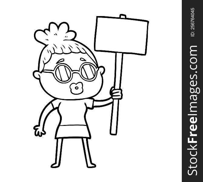 cartoon protester woman wearing spectacles. cartoon protester woman wearing spectacles
