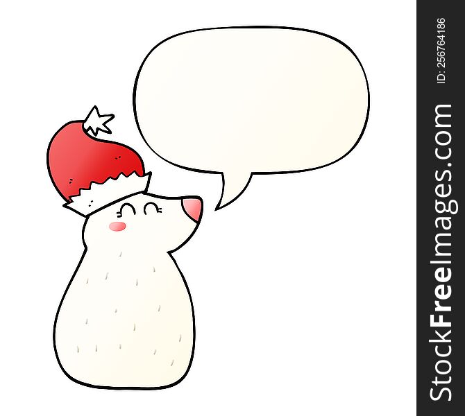 Cartoon Bear Wearing Christmas Hat And Speech Bubble In Smooth Gradient Style