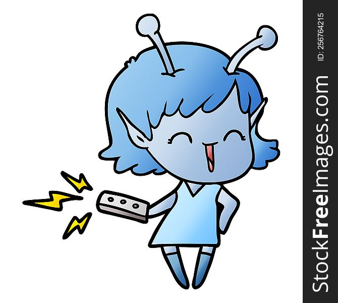 cartoon alien girl laughing with remote control. cartoon alien girl laughing with remote control