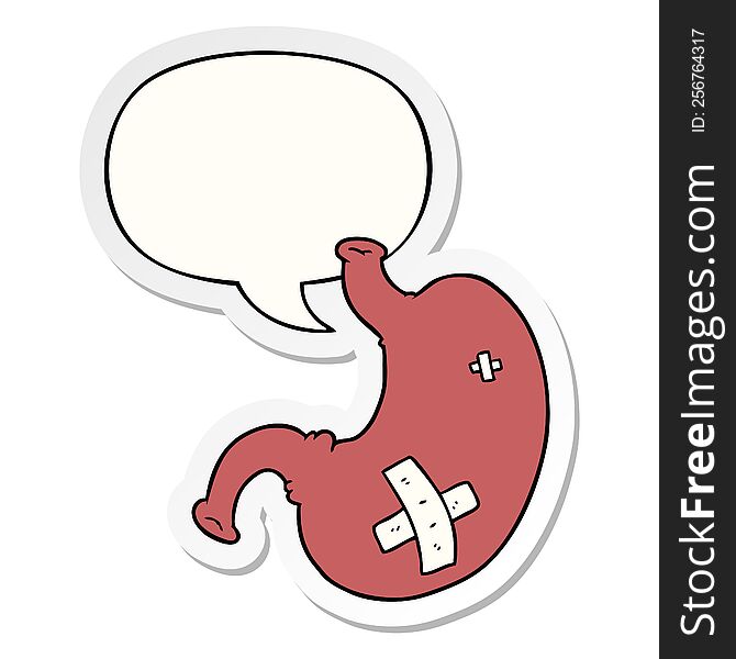 cartoon stomach with speech bubble sticker. cartoon stomach with speech bubble sticker