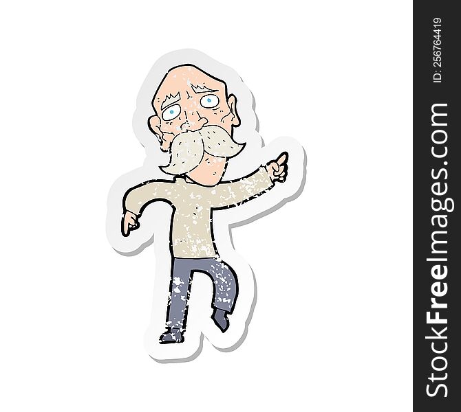 retro distressed sticker of a cartoon sad old man pointing