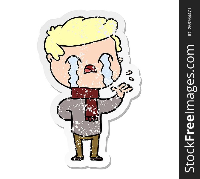 distressed sticker of a cartoon man crying wearing winter scarf