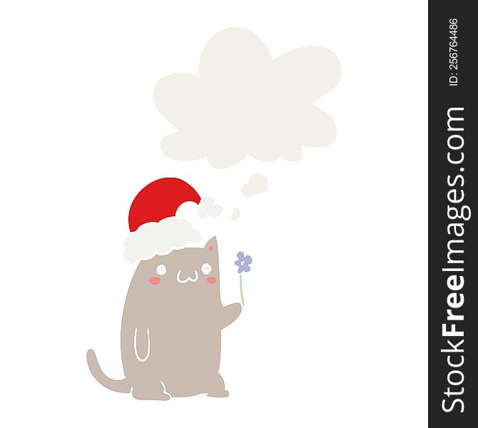 Cute Cartoon Christmas Cat And Thought Bubble In Retro Style