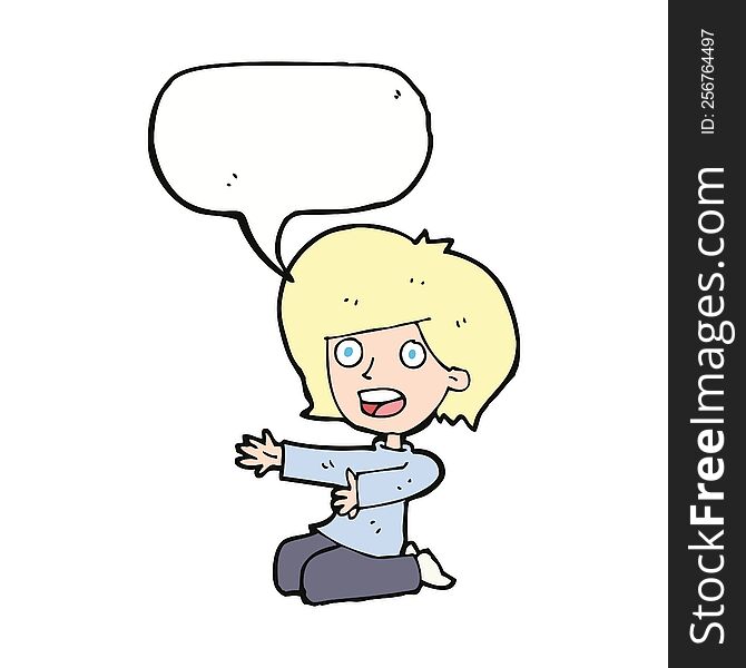 cartoon shocked woman on knees with speech bubble