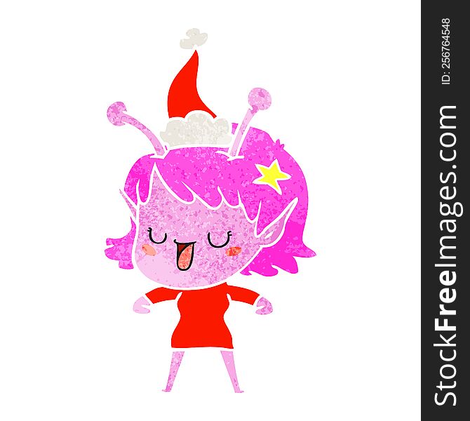Happy Alien Girl Retro Cartoon Of A Wearing Santa Hat