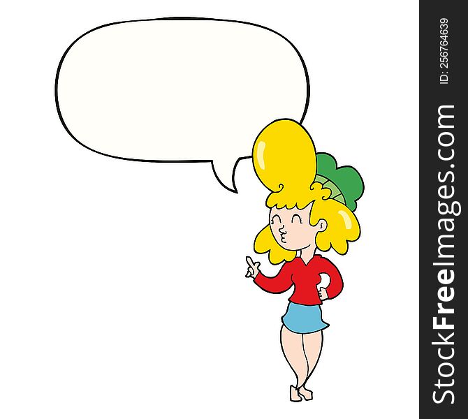 cartoon woman with big hair with speech bubble. cartoon woman with big hair with speech bubble