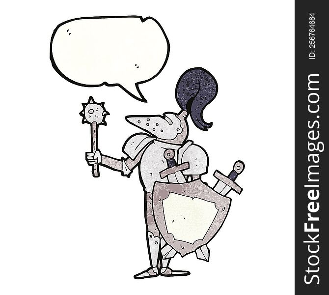 freehand speech bubble textured cartoon medieval knight with shield