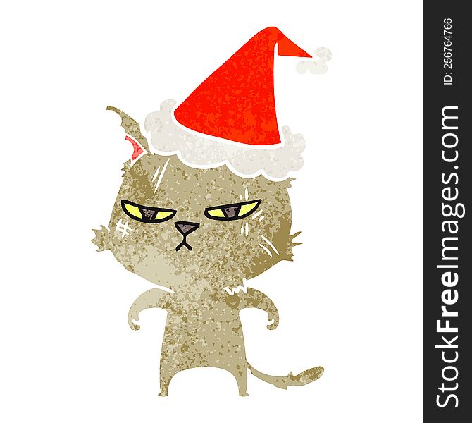Tough Retro Cartoon Of A Cat Wearing Santa Hat