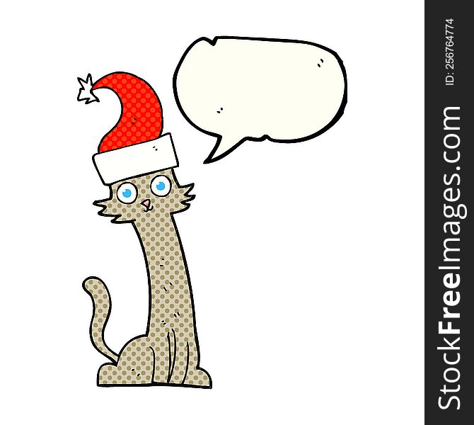freehand drawn comic book speech bubble cartoon cat in christmas hat