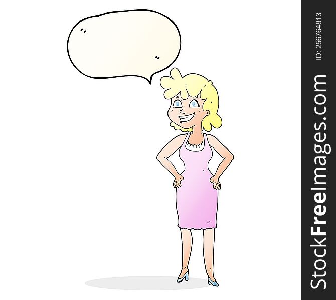freehand drawn speech bubble cartoon happy woman wearing dress