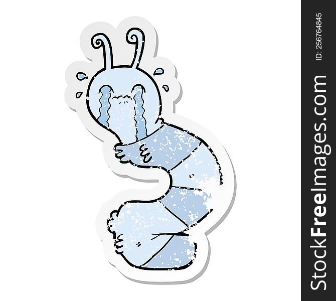 distressed sticker of a cartoon crying caterpillar
