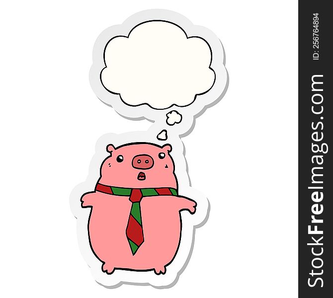 Cartoon Pig Wearing Office Tie And Thought Bubble As A Printed Sticker
