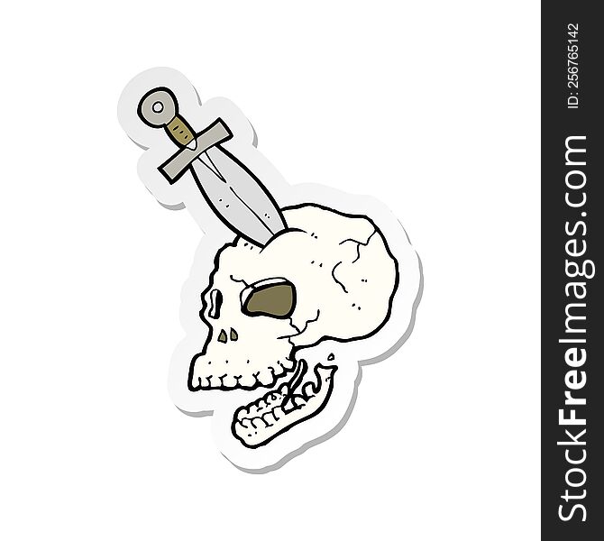 Sticker Of A Cartoon Dagger Stuck In Skull