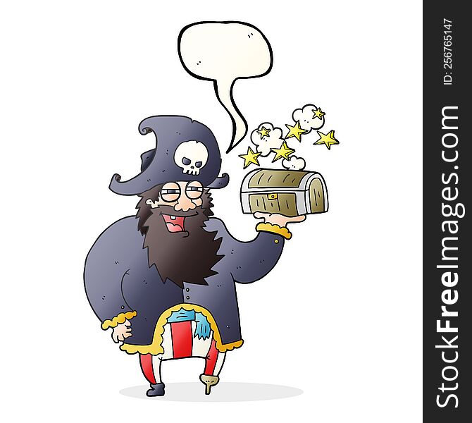 speech bubble cartoon pirate captain with treasure chest