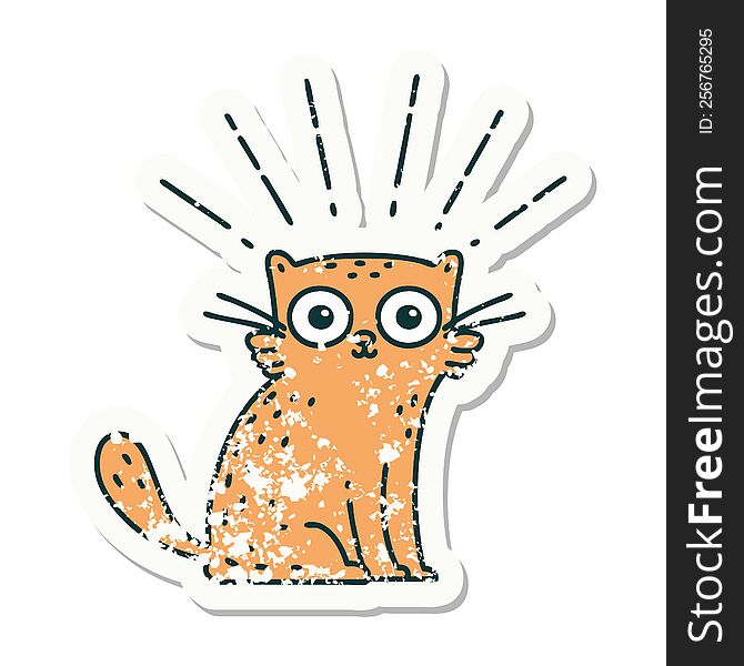 worn old sticker of a tattoo style surprised cat. worn old sticker of a tattoo style surprised cat