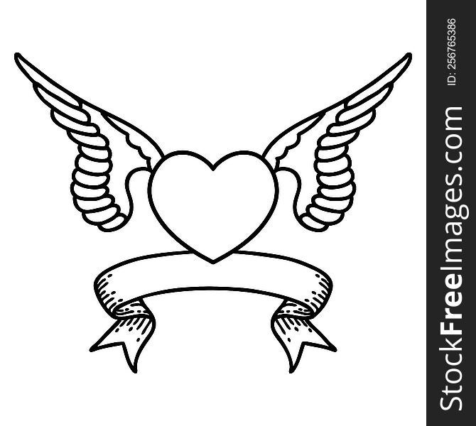 Black Linework Tattoo With Banner Of A Heart With Wings