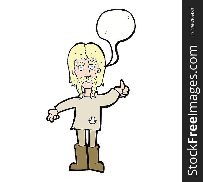 cartoon hippie man giving thumbs up symbol with speech bubble