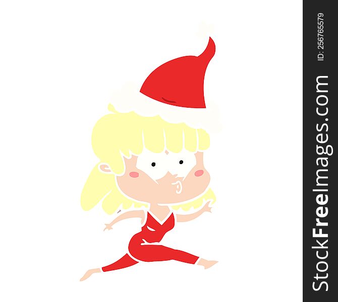 hand drawn flat color illustration of a woman running wearing santa hat