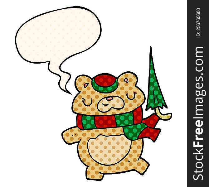 Cartoon Bear And Umbrella And Speech Bubble In Comic Book Style