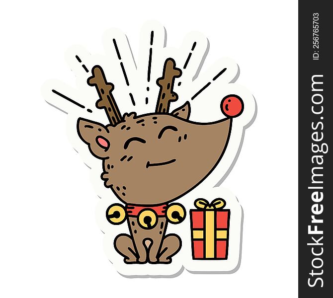 Sticker Of Tattoo Style Christmas Reindeer With Present