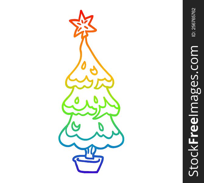 rainbow gradient line drawing of a cartoon snowy christmas tree