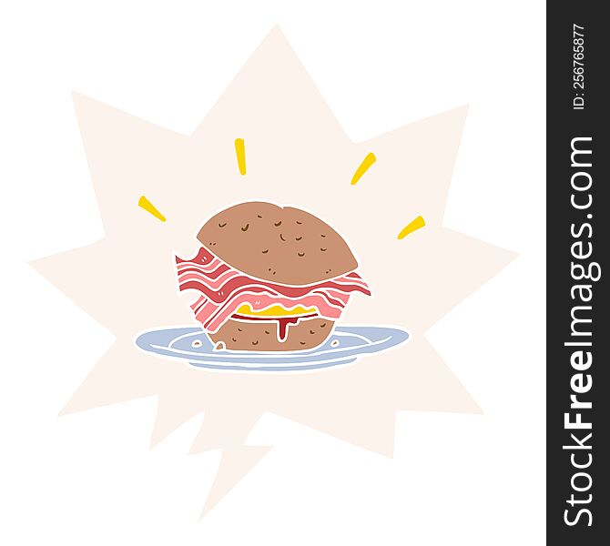 cartoon amazingly tasty bacon breakfast sandwich with cheese with speech bubble in retro style