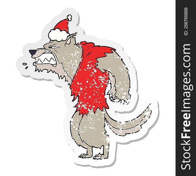 Angry Werewolf Distressed Sticker Cartoon Of A Wearing Santa Hat
