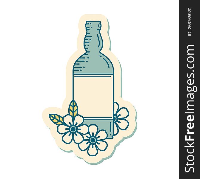 sticker of tattoo in traditional style of a rum bottle and flowers. sticker of tattoo in traditional style of a rum bottle and flowers