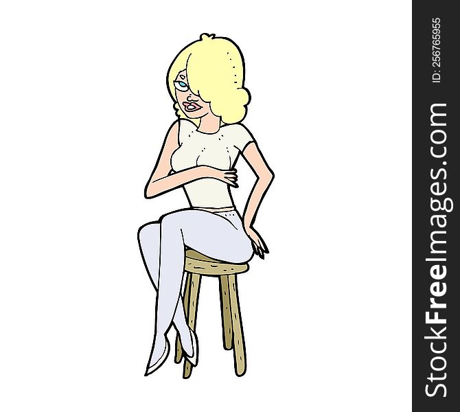 Cartoon Woman Sitting On Bar Stool