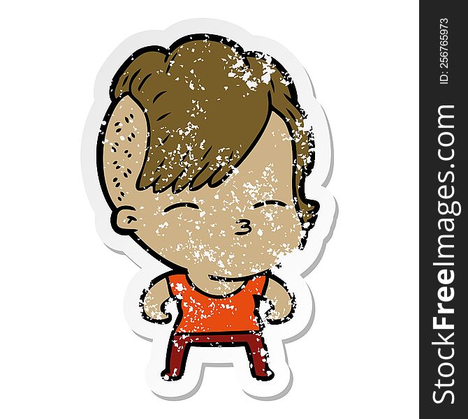 distressed sticker of a cartoon girl muscle posing