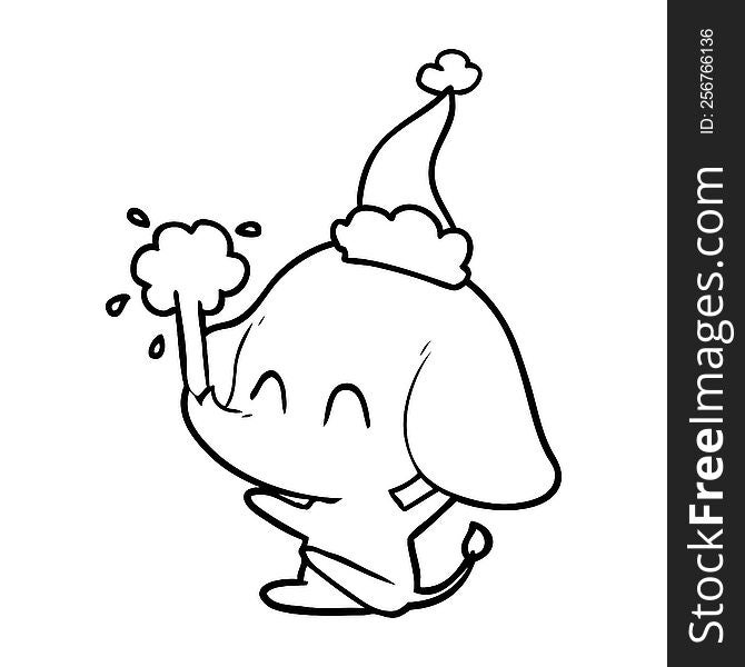 cute hand drawn line drawing of a elephant spouting water wearing santa hat