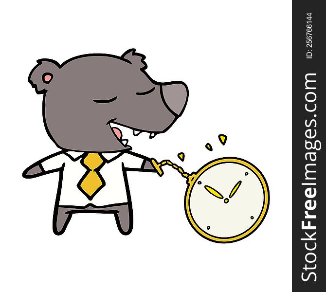 cartoon bear wearing shirt and tie holding watch. cartoon bear wearing shirt and tie holding watch