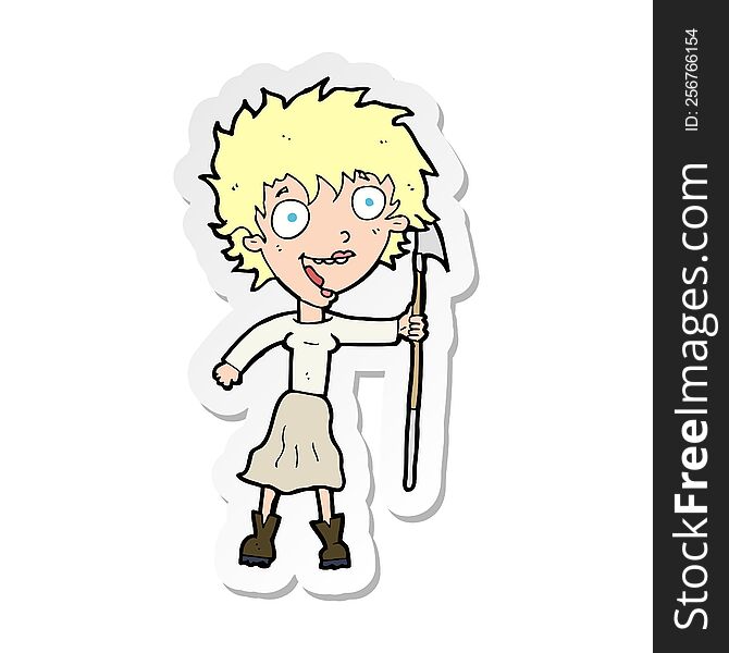 Sticker Of A Cartoon Crazy Woman With Spear