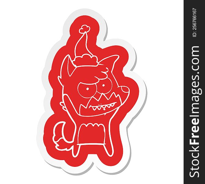 quirky cartoon  sticker of a grinning fox wearing santa hat