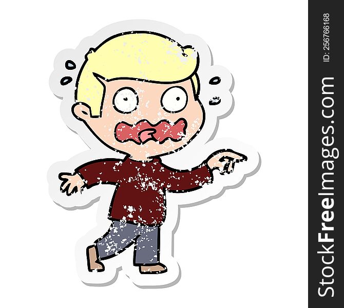 distressed sticker of a cartoon stressed out pointing