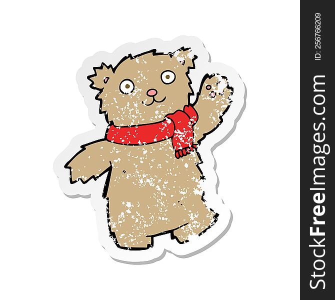 Retro Distressed Sticker Of A Cartoon Teddy Bear Wearing Scarf
