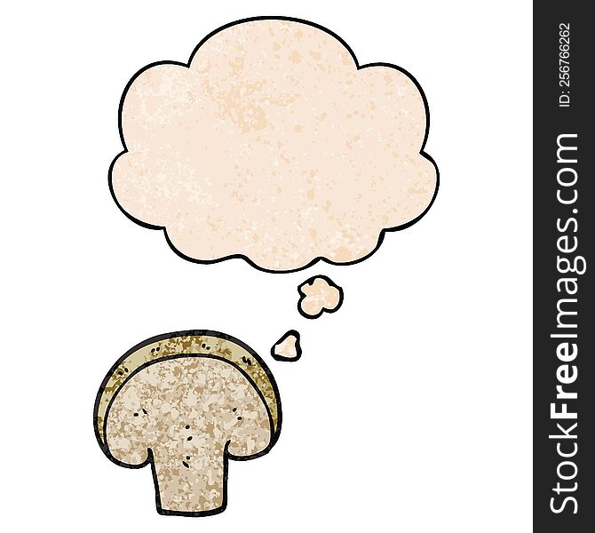 Cartoon Mushroom Slice And Thought Bubble In Grunge Texture Pattern Style