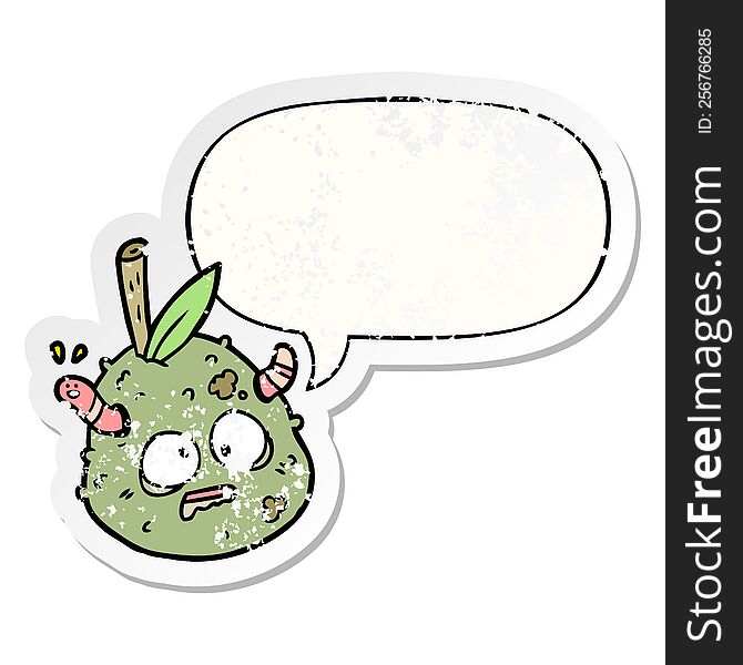 Cartoon Rotting Old Pear And Worm And Speech Bubble Distressed Sticker