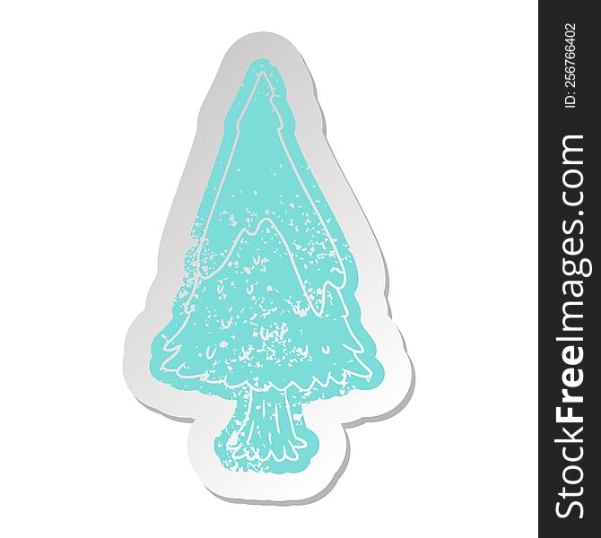 Distressed Old Sticker Single Snow Covered Tree