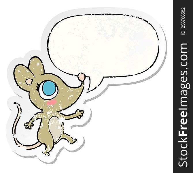 cute cartoon mouse with speech bubble distressed distressed old sticker. cute cartoon mouse with speech bubble distressed distressed old sticker