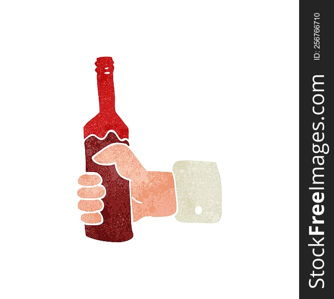 freehand retro cartoon hand holding bottle of wine