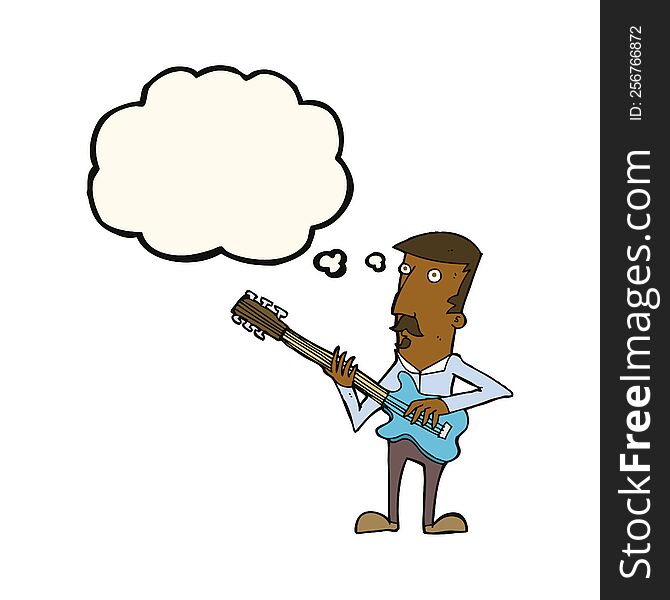 cartoon man playing electric guitar with thought bubble