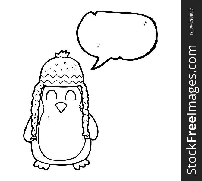 freehand drawn speech bubble cartoon penguin wearing hat