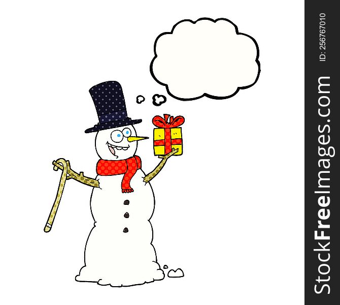 Thought Bubble Cartoon Snowman Holding Present