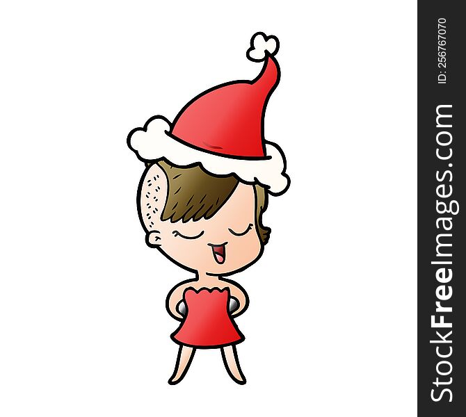 happy hand drawn gradient cartoon of a girl in cocktail dress wearing santa hat