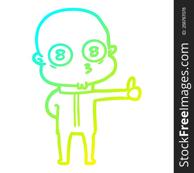 cold gradient line drawing of a cartoon weird bald spaceman giving thumbs up