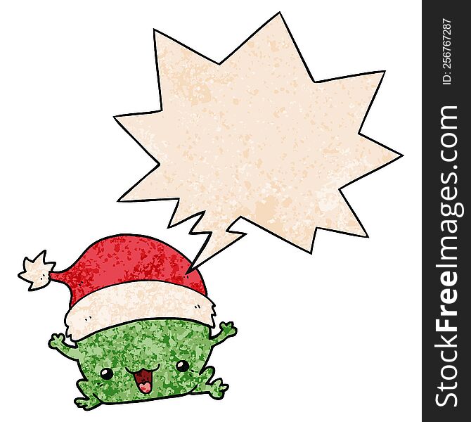 Cute Cartoon Christmas Frog And Speech Bubble In Retro Texture Style