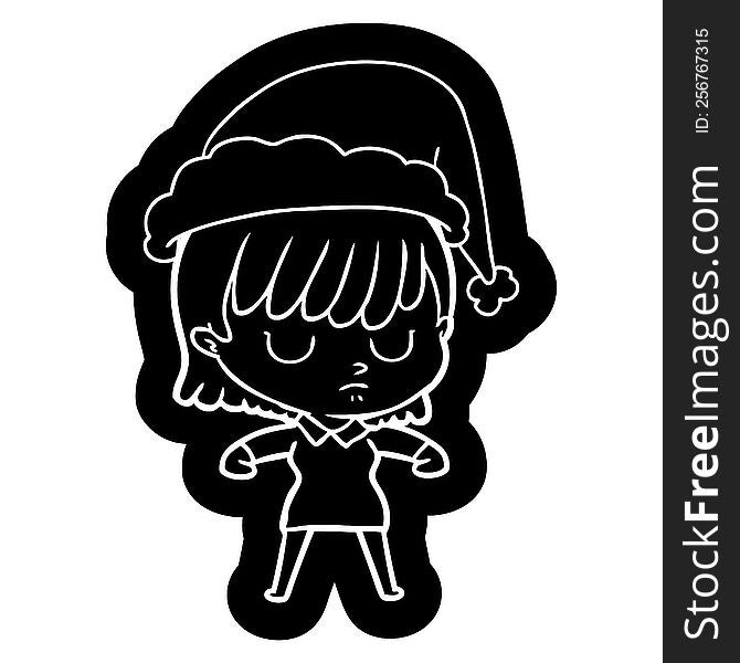 quirky cartoon icon of a woman wearing santa hat