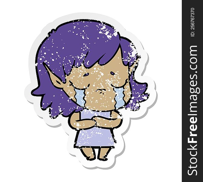 distressed sticker of a cartoon crying elf girl