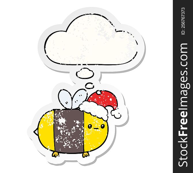 cartoon christmas bee and thought bubble as a distressed worn sticker